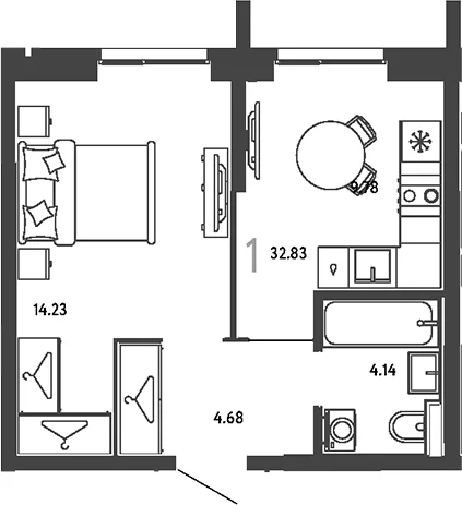 Планировка: 1-комнатная квартира 32,8 м² в ЖК «Страна.Парковая»