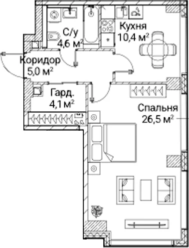 Планировка: 1-комнатная квартира 50,6 м² в ЖК «СЕЗАР БУДУЩЕЕ»