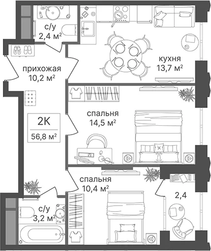Планировка: 2-комнатная квартира 54,4 м² в ЖК «Гостиничный комплекс Варшавские ворота»