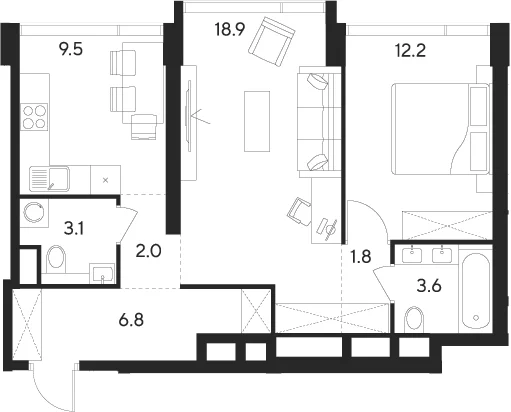 Планировка: 2-комнатная квартира 57,9 м² в ЖК «Инди Тауэрз от Аквилон»