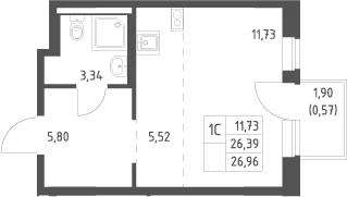 Планировка: Студия 26,4 м² в ЖК «Новое Видное»