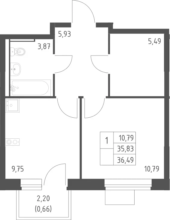 Планировка: 1-комнатная квартира 35,8 м² в ЖК «Молжаниново»
