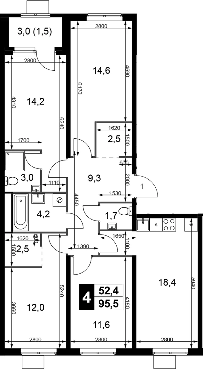 Планировка: Квартира евро-5 94 м² в ЖК «1-й Химкинский»