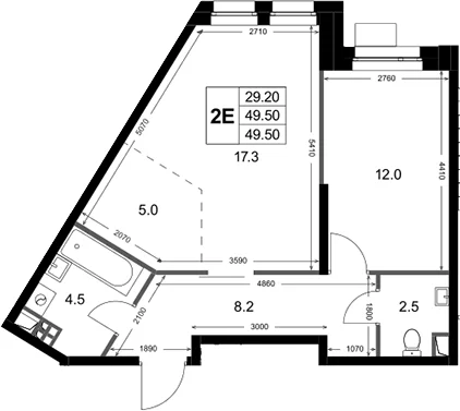 Планировка: Евродвушка 49,5 м² в ЖК «Кореневский Форт 2.3»