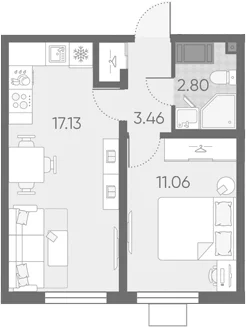 Планировка: Евродвушка 34,5 м² в ЖК «Морская миля»