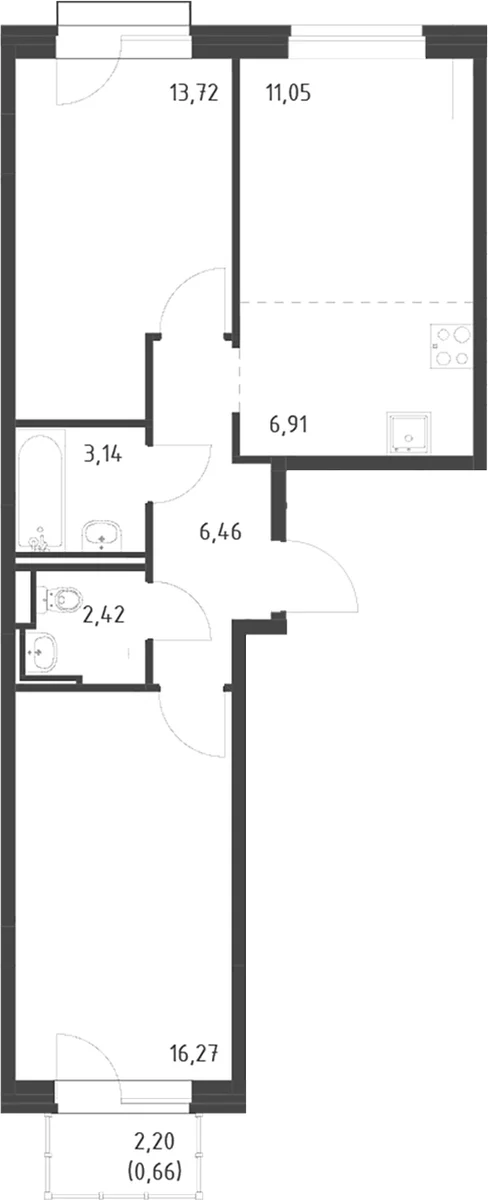 Планировка: Евротрёшка 60 м² в ЖК «Живи! В Рыбацком»