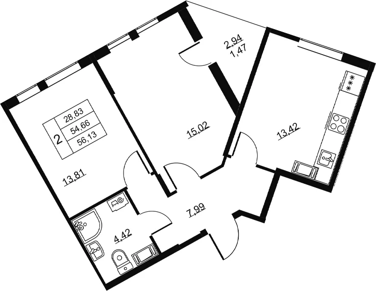 Планировка: 2-комнатная квартира 54,7 м² в ЖК «Высота. Всеволожск»