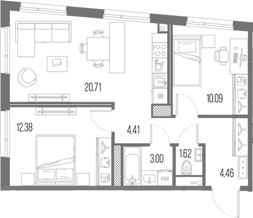 Планировка: Евротрёшка 56,7 м² в ЖК «Легенда Васильевского»