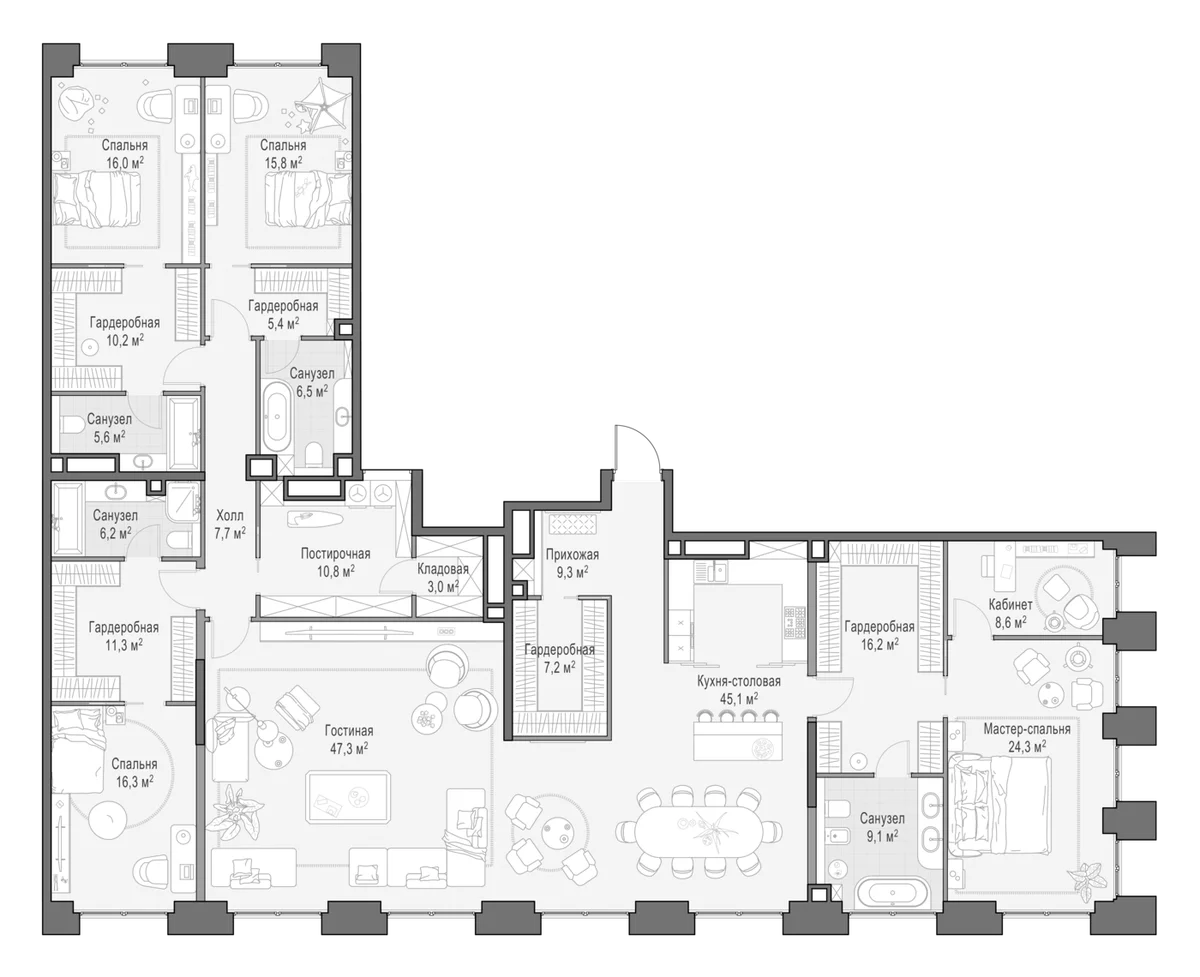 Планировка: 5-комнатная квартира 282,9 м² в ЖК «Квартал Life Time»