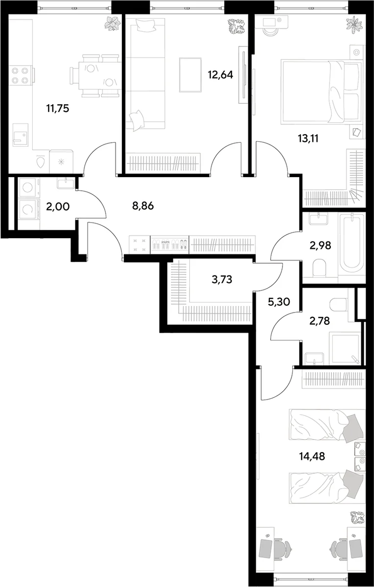 Планировка: 3-комнатная квартира 77,6 м² в ЖК «Космопарк»