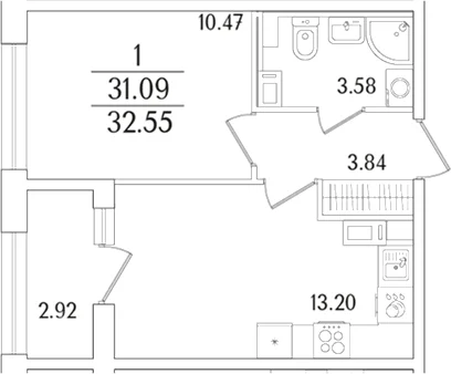 Планировка: Евродвушка 31,1 м² в ЖК «Аурум»