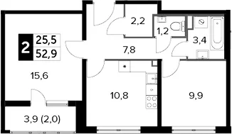 Планировка: 2-комнатная квартира 50,9 м² в ЖК «Южная Битца»