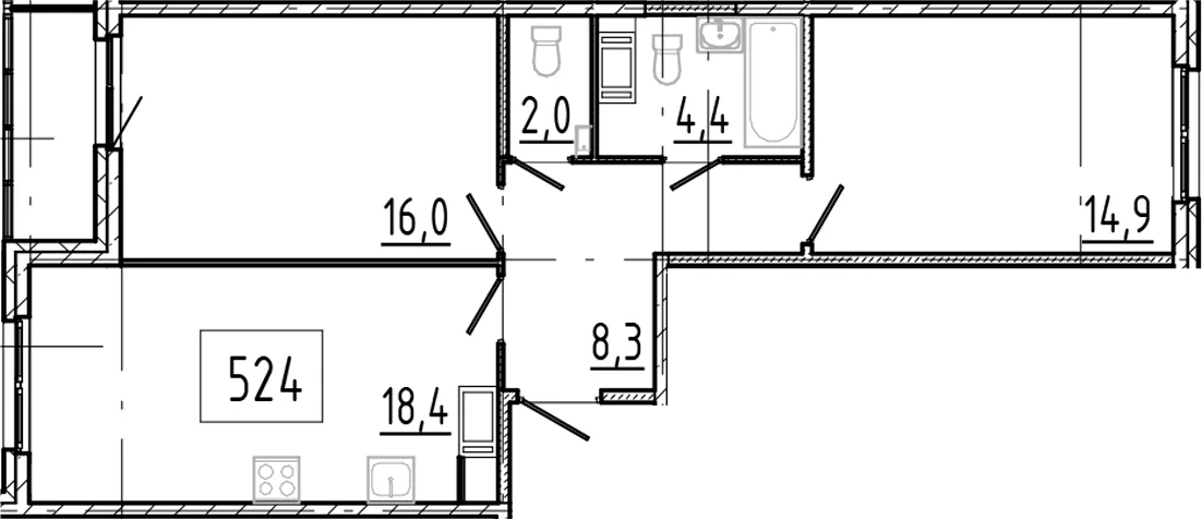 Планировка: Евротрёшка 64 м² в ЖК «Клюква.Парк»