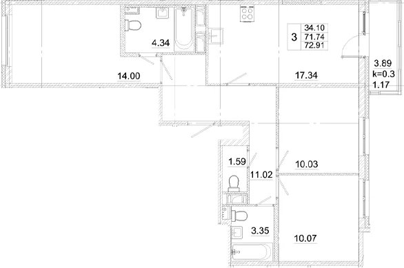 Планировка: Квартира евро-4 71,7 м² в ЖК «Аэросити»