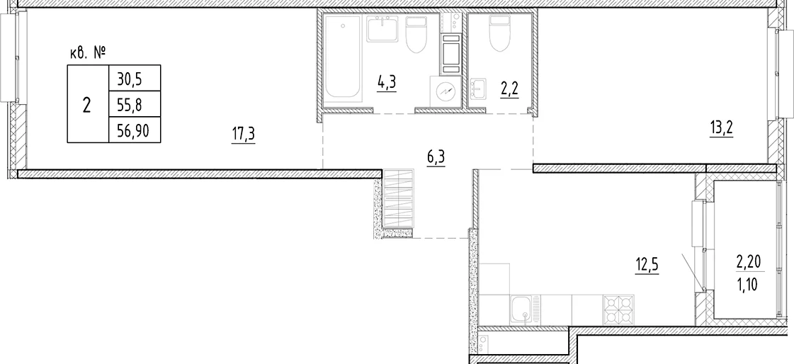 Планировка: 2-комнатная квартира 55,8 м² в ЖК «Плюс Пулковский»