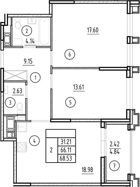 Планировка: Евротрёшка 66,1 м² в ЖК «Ассамблея»
