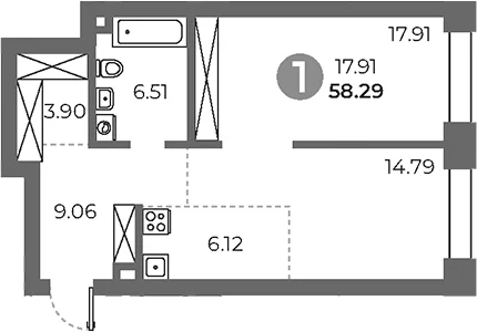 Планировка: 1-комнатная квартира 58,3 м² в ЖК «Павелецкая от Гранель»