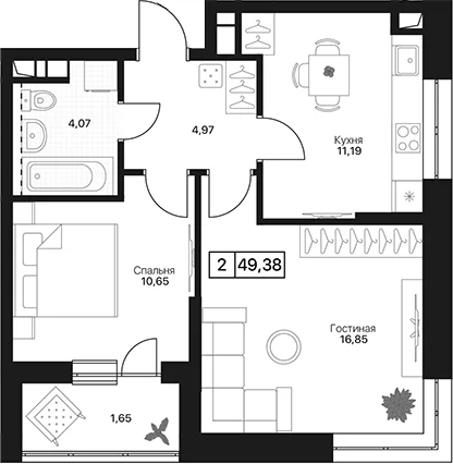 Планировка: 2-комнатная квартира 47,7 м² в ЖК «Пушкино Град»