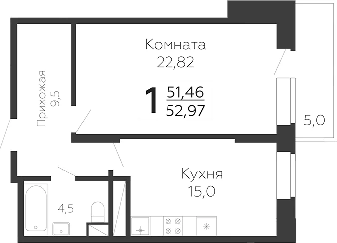 Планировка: 1-комнатная квартира 52,6 м² в ЖК «Онегин. ГК Развитие»