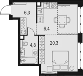 Планировка: 1-комнатная квартира 37,8 м² в ЖК «Левел Южнопортовая»