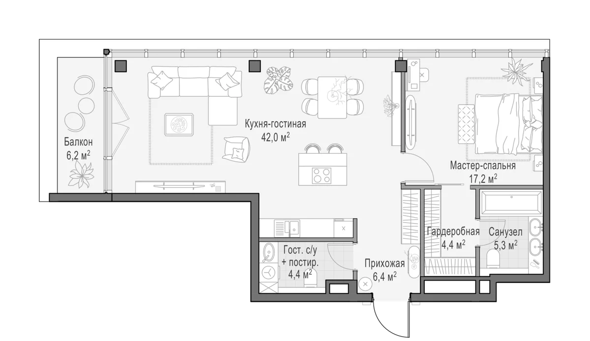 Планировка: Евродвушка 81,8 м² в ЖК «Клубный квартал Фрунзенский»
