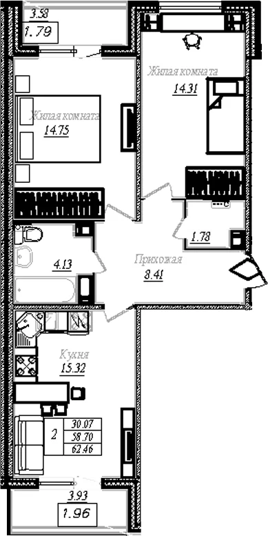 Планировка: 2-комнатная квартира 58,7 м² в ЖК «АРО»