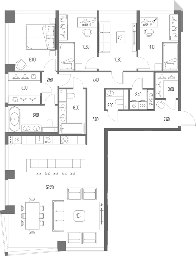 Планировка: 3-комнатная квартира 145,7 м² в ЖК «Северный Порт»