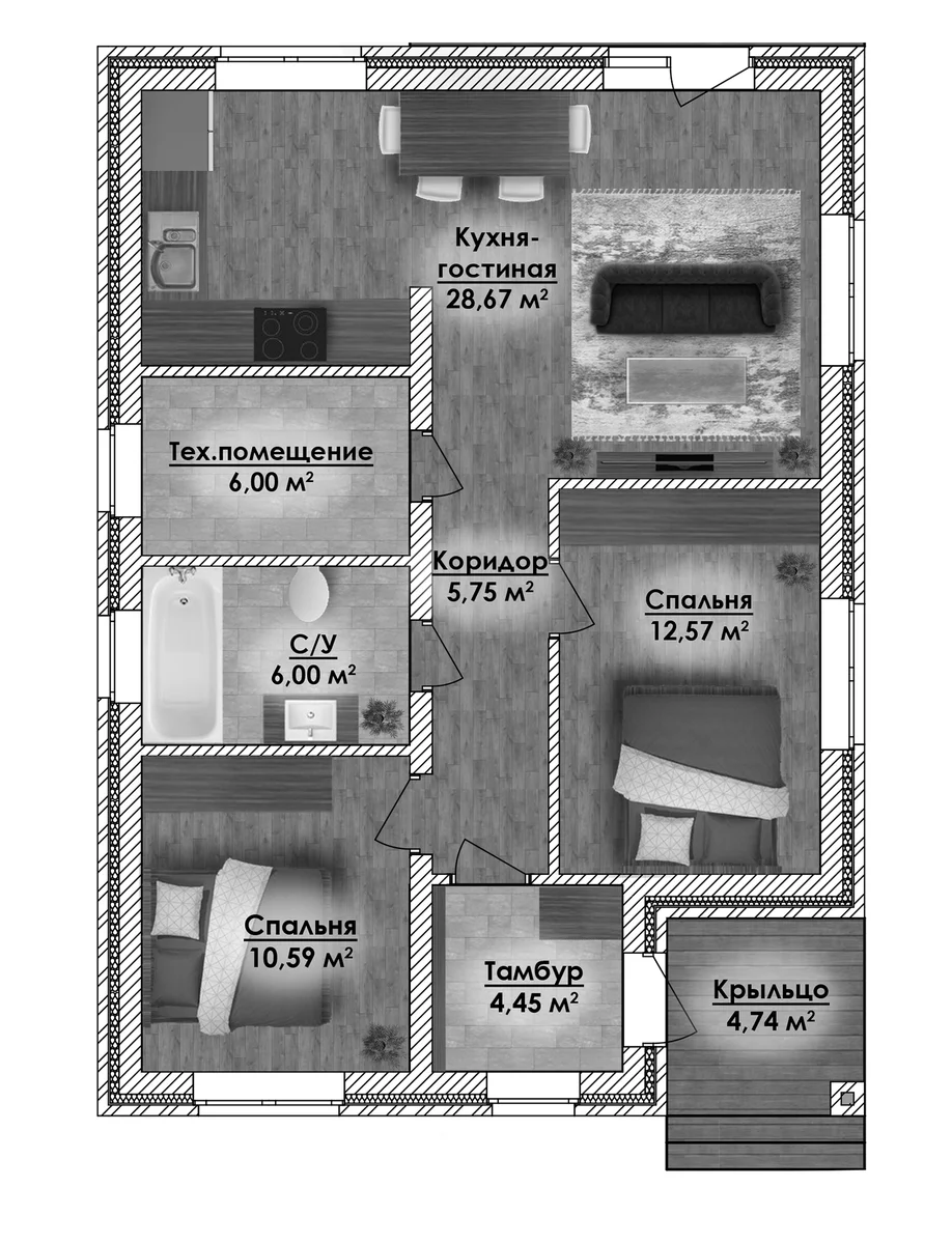 Планировка: Коттедж 78 м² в ЖК «Коттеджный поселок Новые Жедочи»
