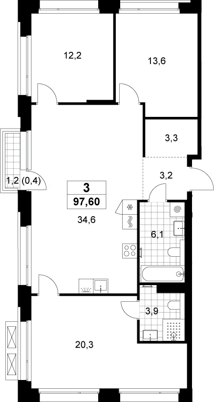 Планировка: Квартира евро-4 97,2 м² в ЖК «Хольм»