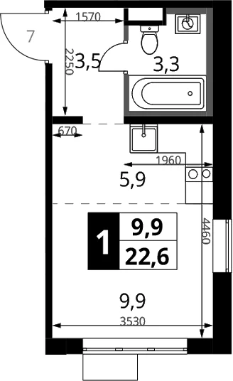 Планировка: Студия 22,6 м² в ЖК «1-й Химкинский»