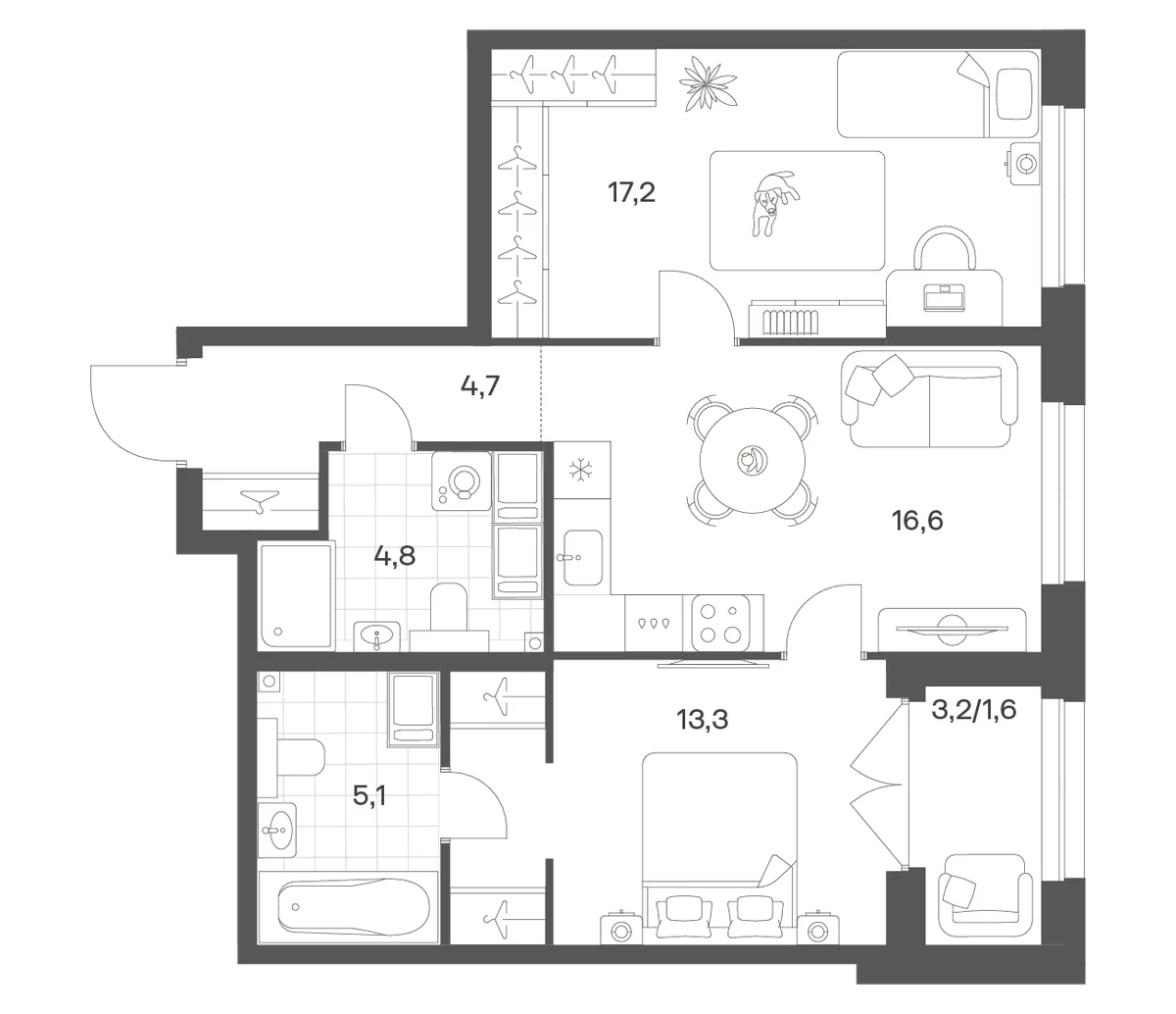 Планировка: Евротрёшка 61,7 м² в ЖК «Речной Квартал»
