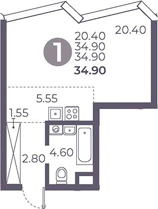 Планировка: Студия 34,9 м² в ЖК «Мневники от Гранель»