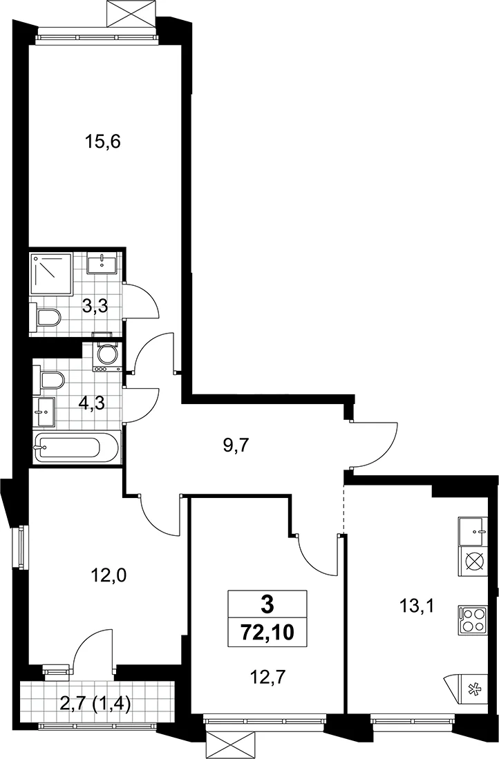 Планировка: 3-комнатная квартира 70,7 м² в ЖК «Деснаречье»