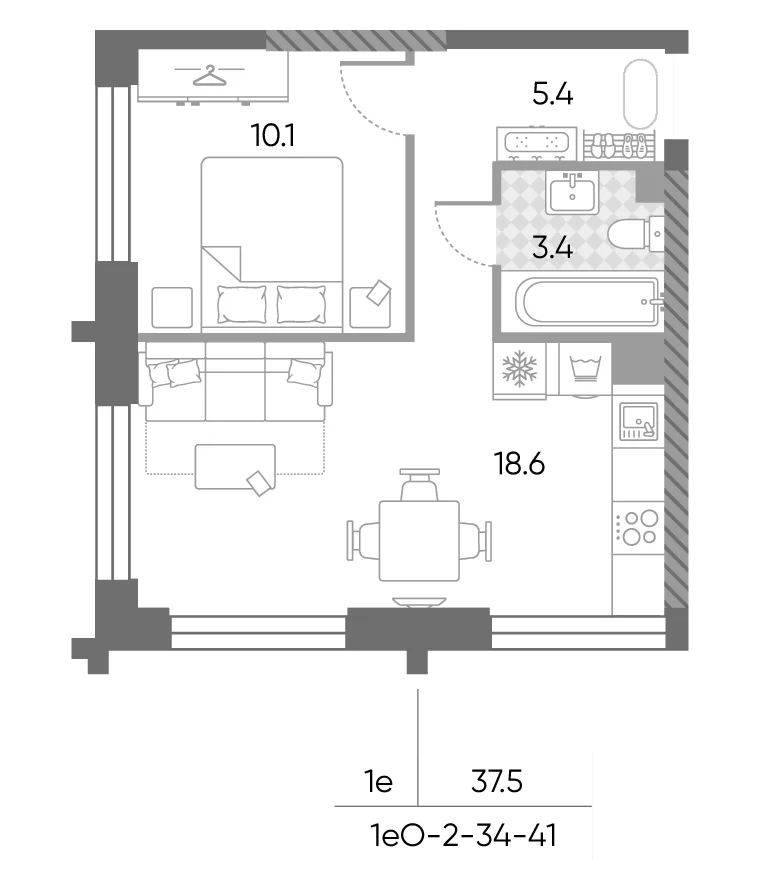 Планировка: Евродвушка 37,5 м² в ЖК «ЗилАрт»