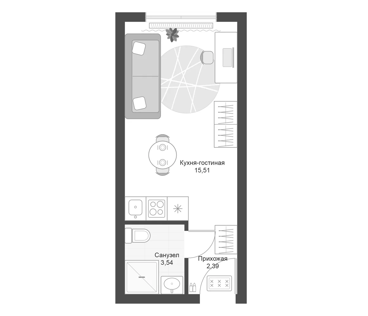 Планировка: Студия 21,4 м² в ЖК «Апарт-комплекс Первый Зеленый»