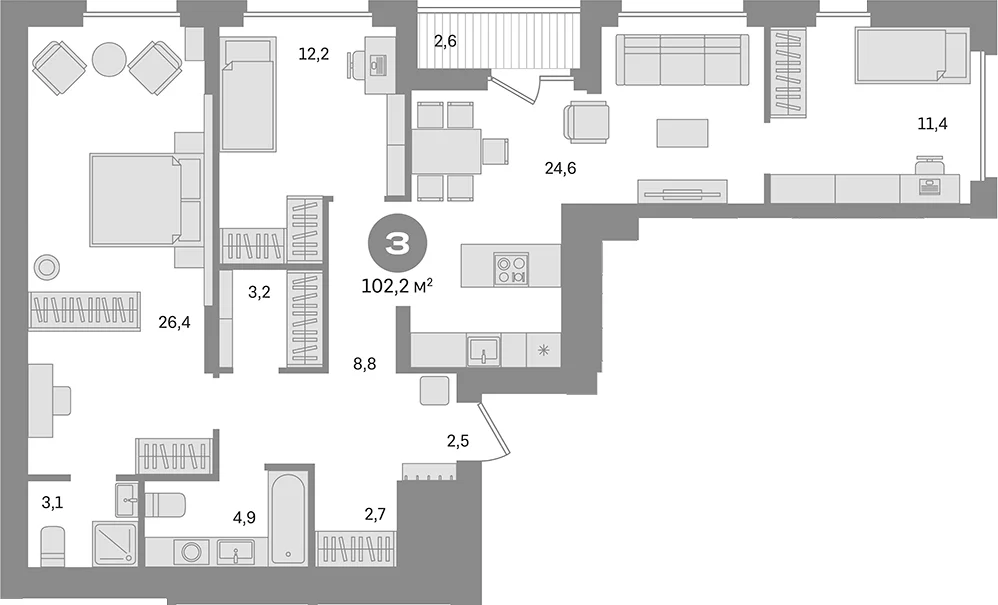 Планировка: 3-комнатная квартира 99,6 м² в ЖК «Первый квартал. Вторая очередь»