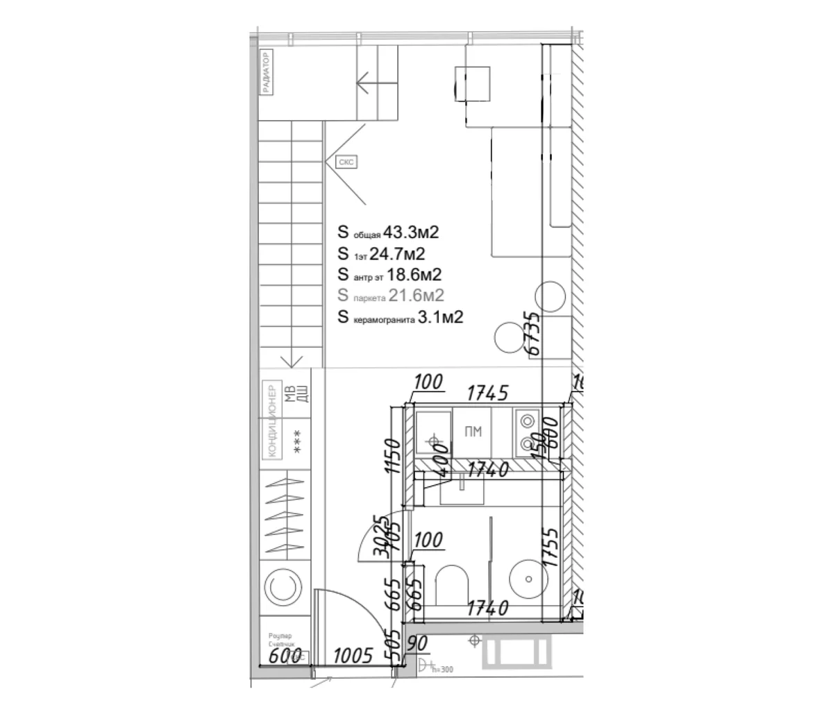 Планировка: Квартира 43,3 м² в ЖК «Yard Residence»