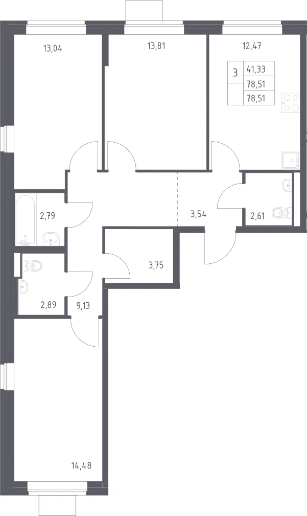 Планировка: 3-комнатная квартира 78,5 м² в ЖК «Подольские кварталы»