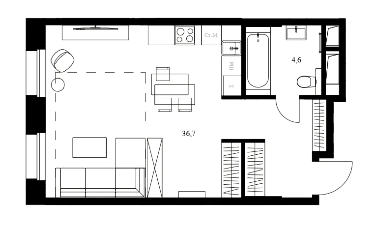 Планировка: Студия 41,3 м² в ЖК «Резиденции архитекторов»