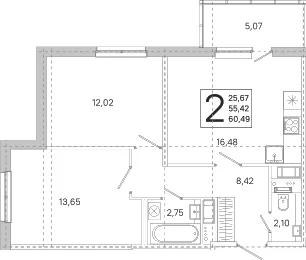 Планировка: Евротрёшка 55,4 м² в ЖК «ЮгТаун. Олимпийские кварталы»