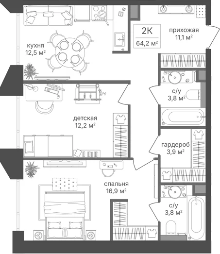 Планировка: 2-комнатная квартира 64,2 м² в ЖК «Петровский Парк II»