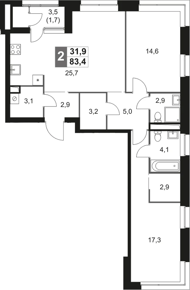 Планировка: Евротрёшка 81,7 м² в ЖК «Скай Гарден»