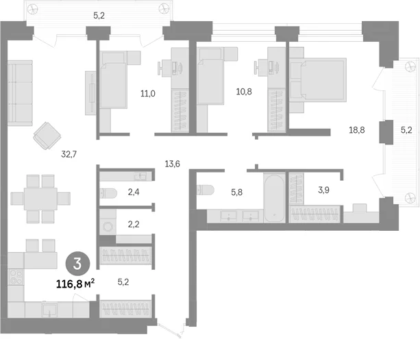 Планировка: 3-комнатная квартира 106,4 м² в ЖК «Квартал Издание»