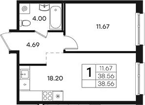 Планировка: Евродвушка 38,6 м² в ЖК «Парголово»