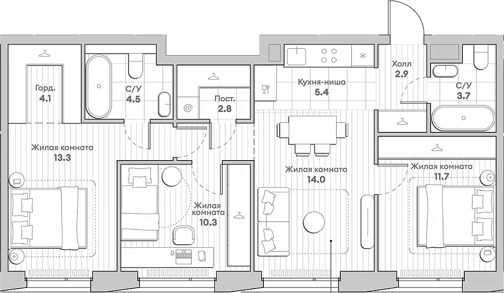 Планировка: Квартира евро-4 74,9 м² в ЖК «НАТИВ»