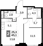 Планировка: Евродвушка 45,1 м² в ЖК «Сидней Сити»
