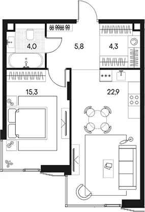 Планировка: Евродвушка 52,3 м² в ЖК «Клубный город на реке Примавера»