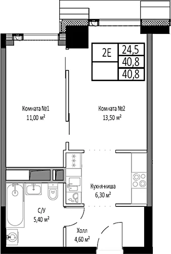 Планировка: Евродвушка 40,8 м² в ЖК «Мираполис»