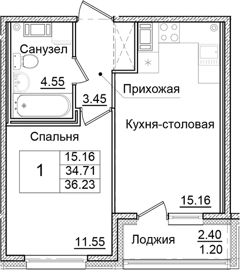 Планировка: 1-комнатная квартира 35 м² в ЖК «Квартал Заречье»