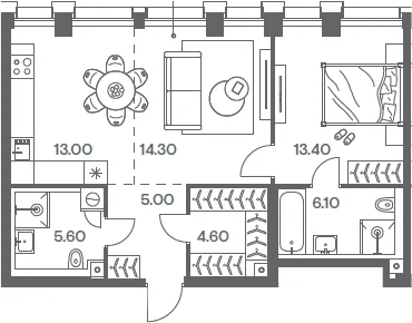 Планировка: Евродвушка 62 м² в ЖК «Инджой»